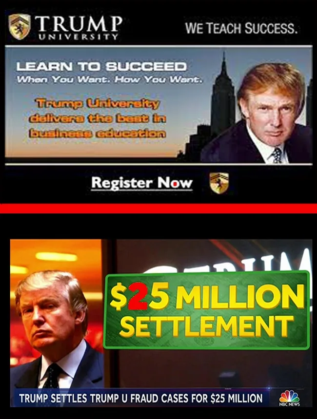 The image is split into two sections. The top shows a Trump University advertisement featuring Donald Trump, with slogans…