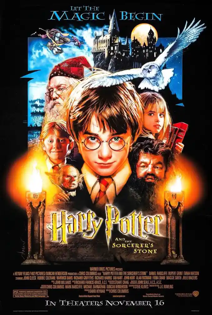 The image is the official movie poster for 'Harry Potter and the Sorcerer's Stone,' featuring Harry Potter in the center…