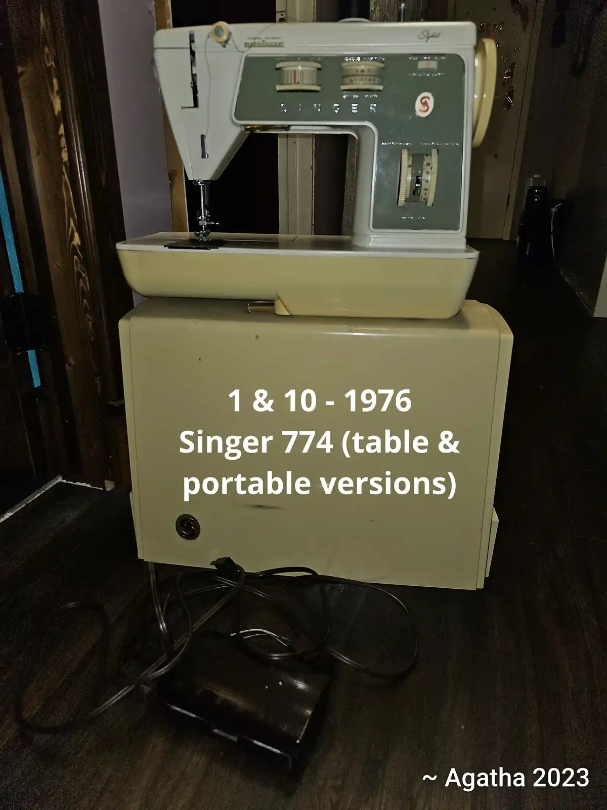 A vintage cream-colored Singer 774 sewing machine, model year 1976, sits atop its matching base unit in a dimly lit room…