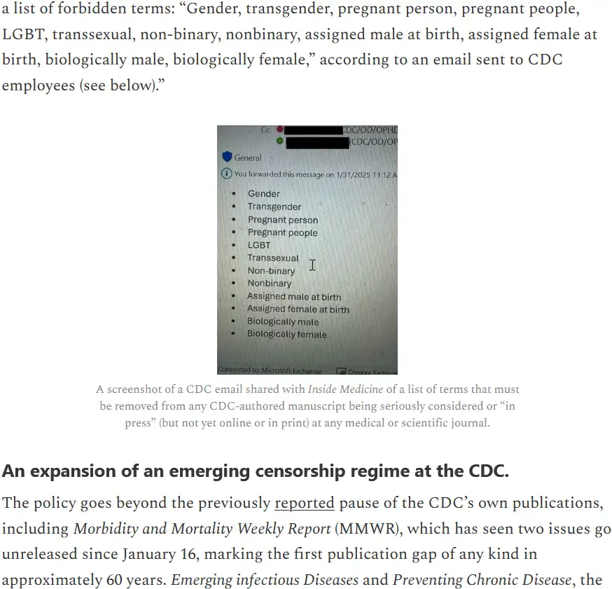 A screenshot of a CDC email shows a bulleted list of terms forbidden from use in CDC-authored manuscripts, including…