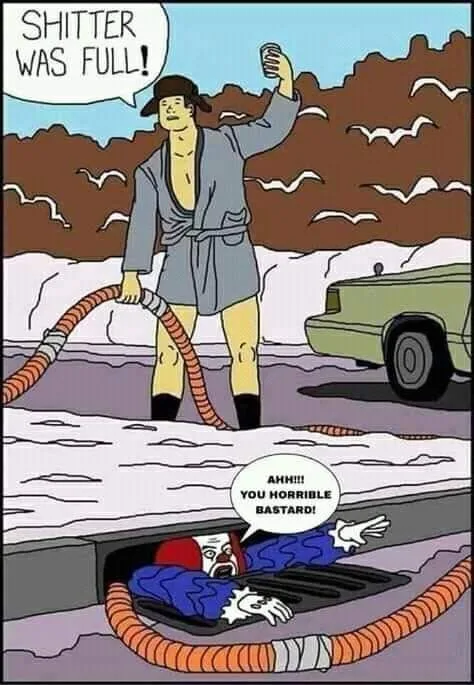 A cartoon man in a robe and hat stands outside holding a long orange hose connected to a manhole, shouting 'SHITTER WAS…