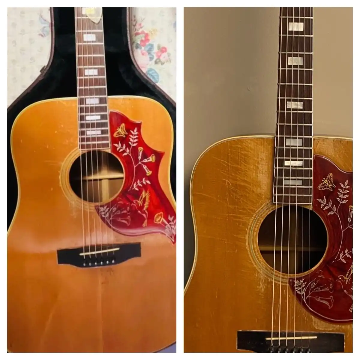 A split image shows the same acoustic guitar in two states: left side shows the guitar inside a case with a bright red…