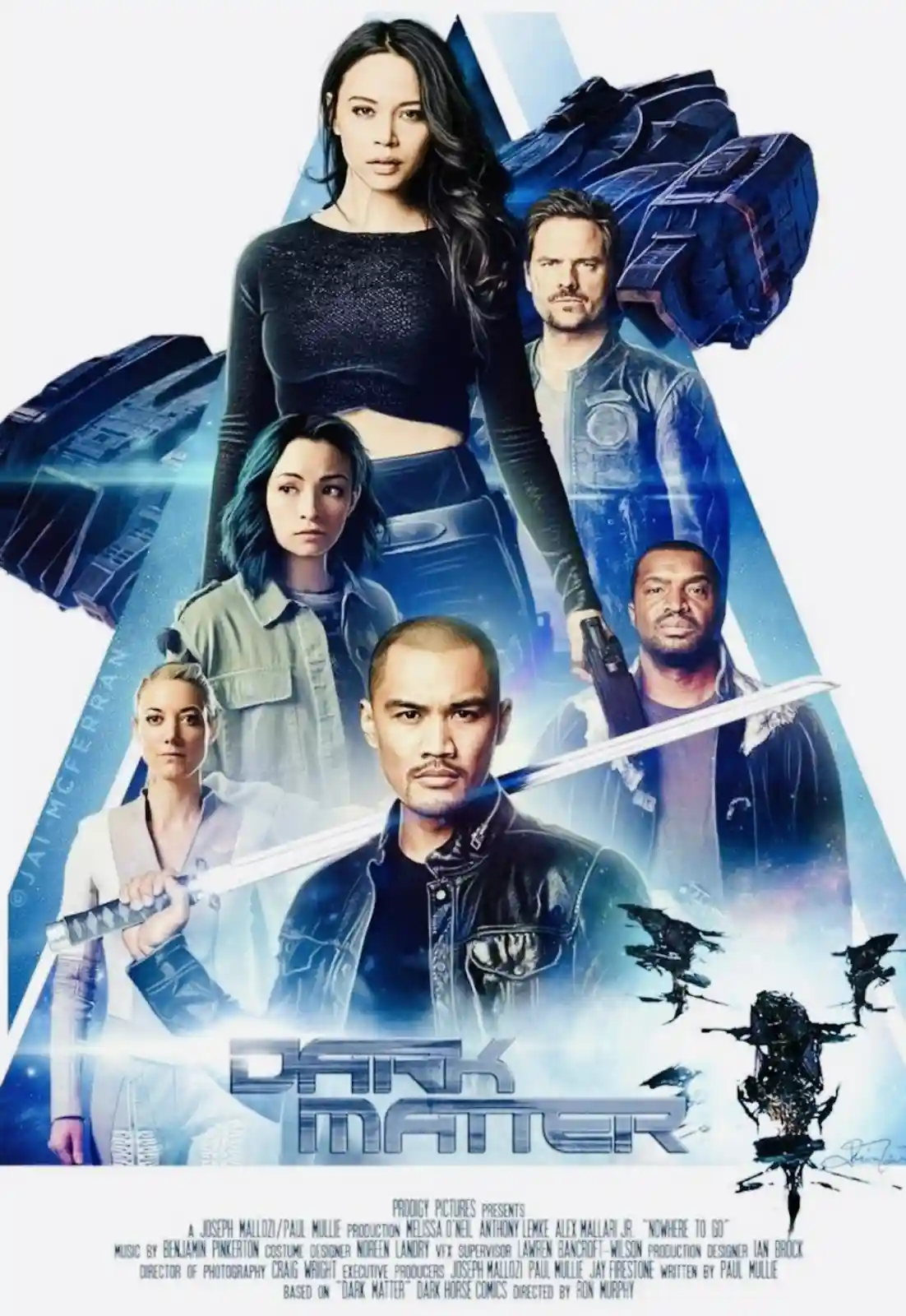 A promotional poster for the sci-fi series 'Dark Matter' featuring six main characters in futuristic attire against a blue…