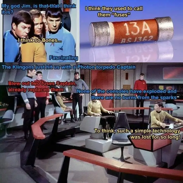 The meme features scenes from Star Trek, showing characters reacting to a blown fuse after a Klingon attack. The top panel…