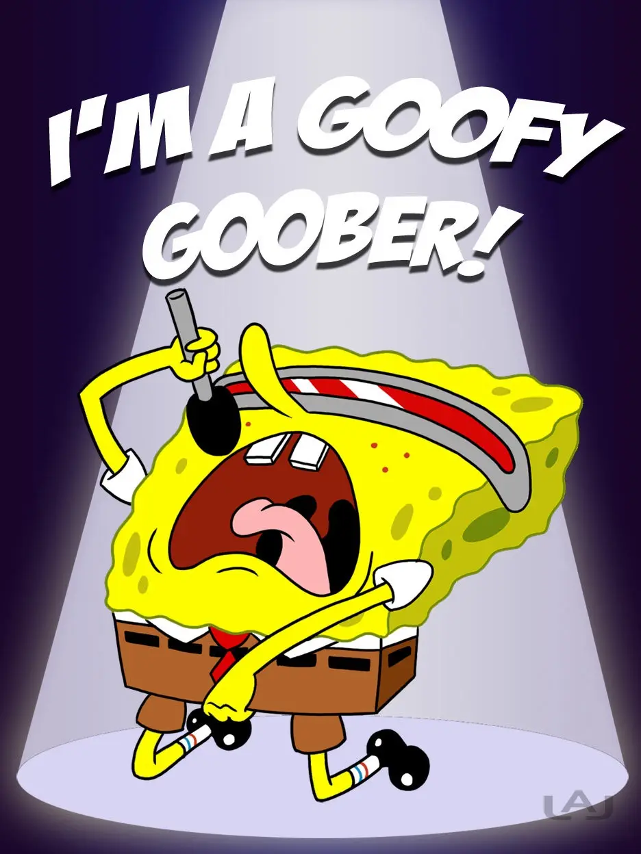 A cartoon yellow sponge character, SpongeBob SquarePants, is shown in a spotlight on a stage, wearing a red and white…