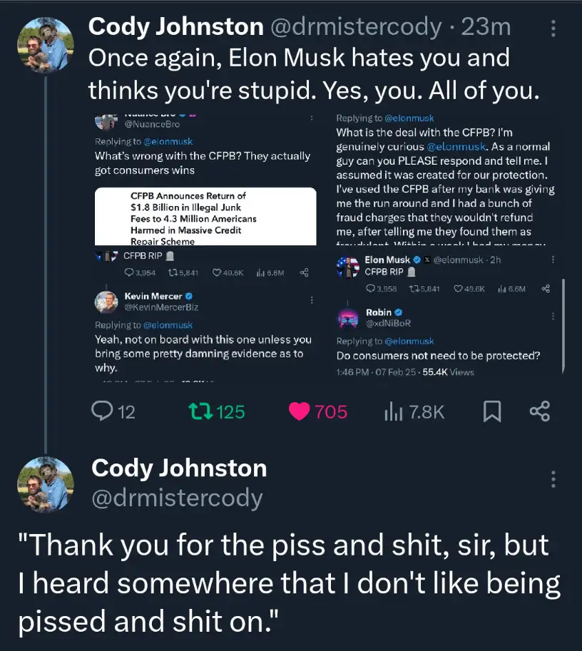 A screenshot of a Twitter thread where Elon Musk tweets 'CFPB RIP' in response to a discussion about the Consumer Financial…