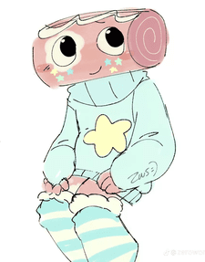 A cartoon character with a pink, rolled-up head and large eyes, wearing a light blue hoodie with a yellow star and striped…
