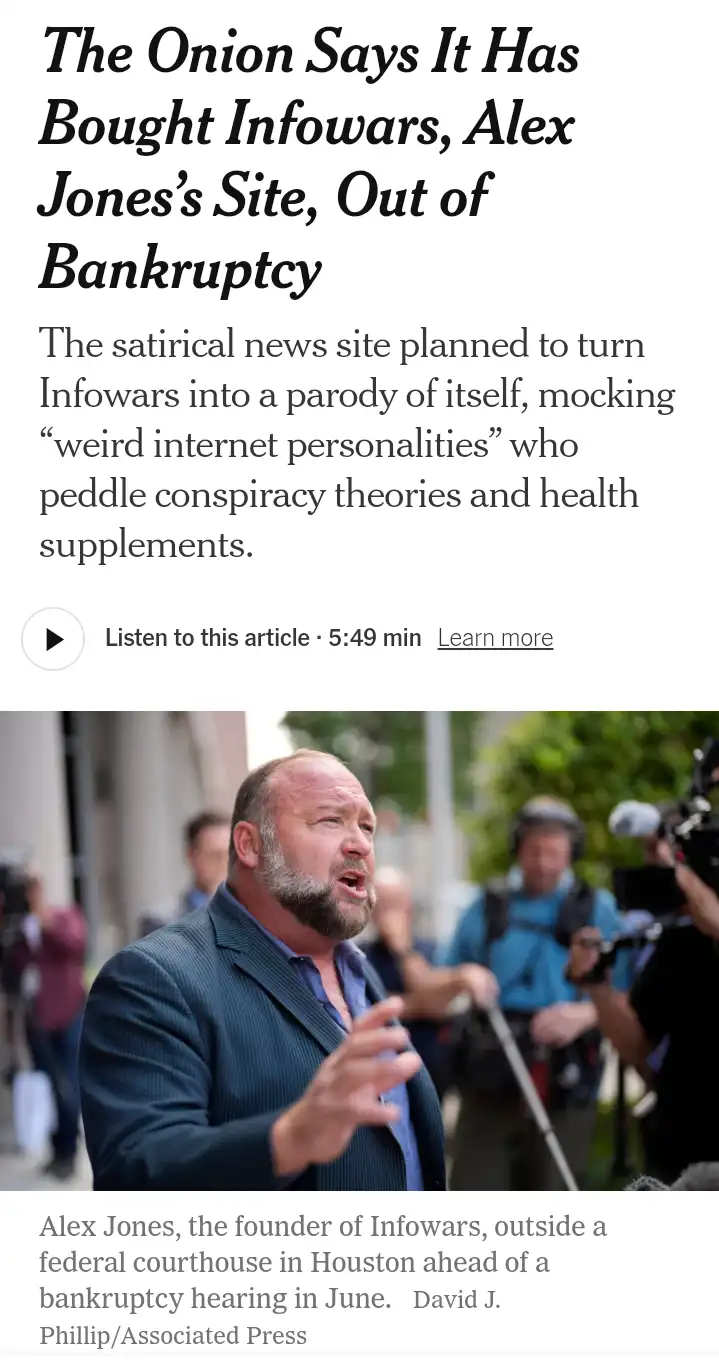 A screenshot of a news article from The Onion with the headline 'The Onion Says It Has Bought Infowars, Alex Jones's Site…
