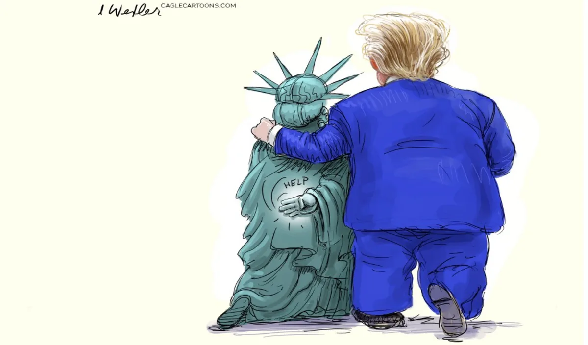 A cartoon depicts a man in a blue suit from behind, hugging the Statue of Liberty who is kneeling and has the word 'HELP'…