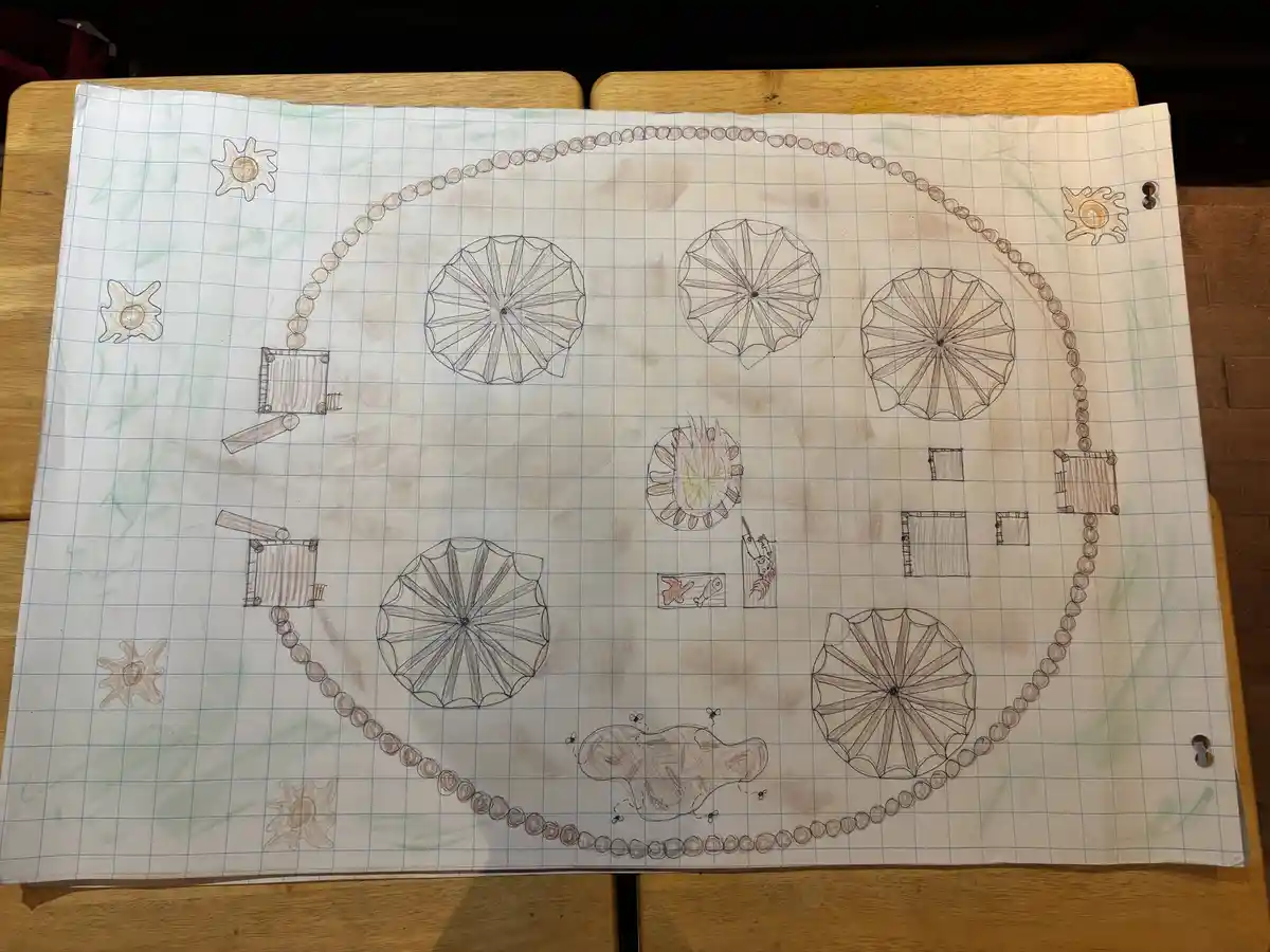 A hand-drawn map on graph paper depicts a circular world with multiple umbrella-like structures, small buildings, and sun…