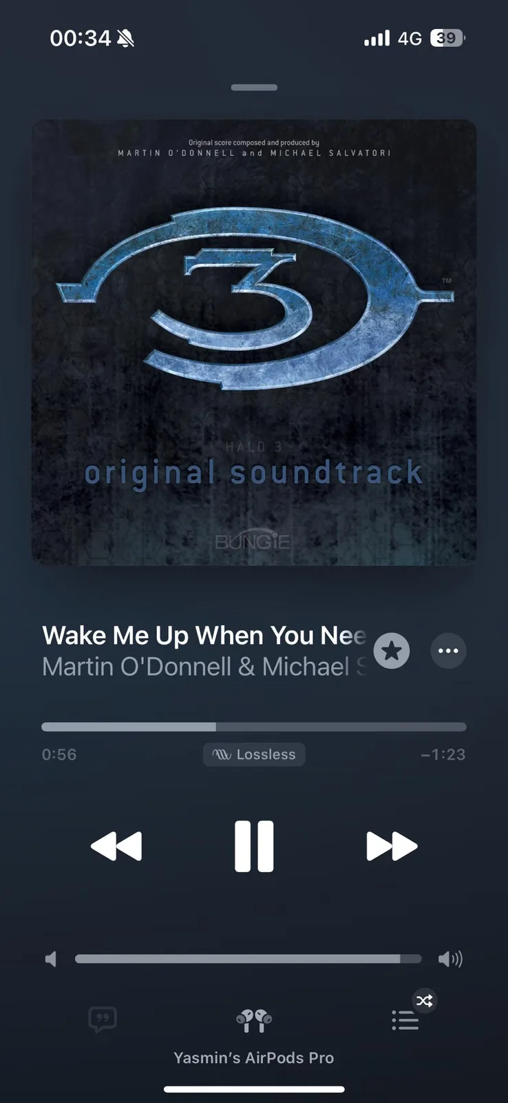 A screenshot of a music player app showing the song 'Wake Me Up When You Nee' by Martin O'Donnell & Michael Salvatori from…
