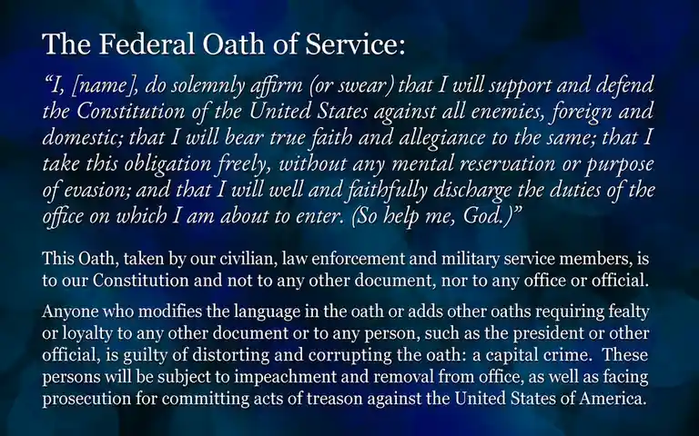 The image displays the full text of the U.S. Federal Oath of Service against a dark blue, blurred background. The text is…