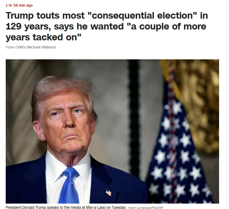A news screenshot shows Donald Trump in a dark suit and blue tie, looking serious with an American flag behind him. The…