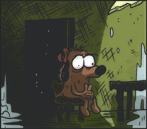 A cartoon dog with wide, terrified eyes sits on a chair in a dark, sketchy room, looking at a shadowy figure or wall. The…