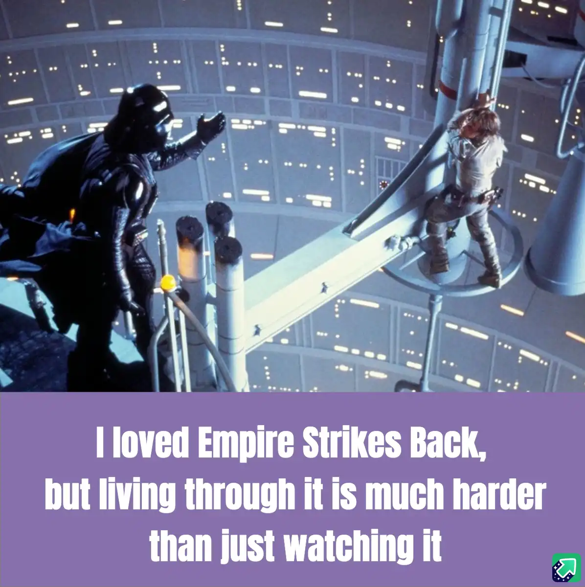 The image shows Darth Vader standing on a platform facing Luke Skywalker, who is clinging to a narrow beam in the Death…