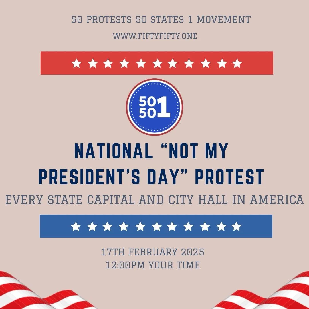 A promotional poster styled like an American flag with red and blue stripes and white stars, advertising a fictional…