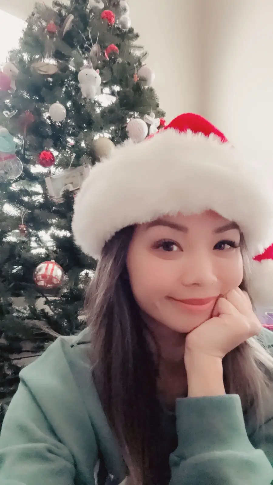 A woman with long dark hair wearing a red and white Santa hat and a green fleece jacket poses in front of a decorated…