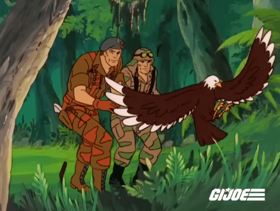 A six-panel sequence from the G.I. Joe animated series shows two soldiers in a jungle, initially holding a large eagle, then…