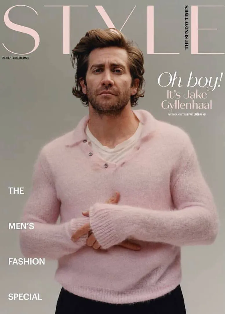 A magazine cover from The Sunday Times Style dated 26 September 2021 features actor Jake Gyllenhaal wearing a fluffy pink…