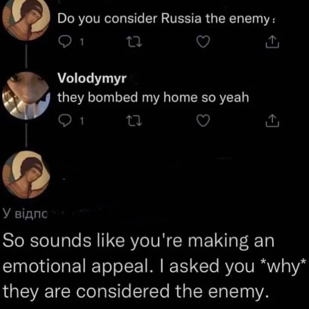 A screenshot of a social media thread shows a user asking if Russia is considered an enemy. A reply from 'Volodymyr' states…