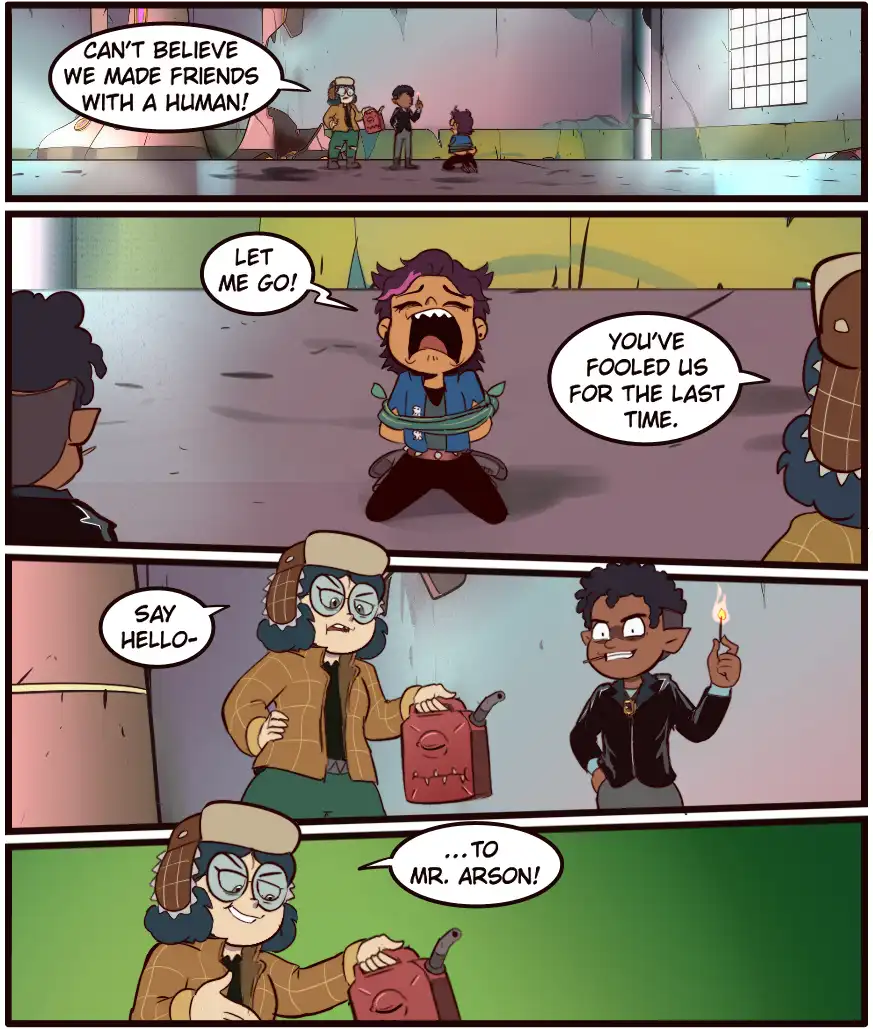 A four-panel comic strip from 'The Owl House' shows characters initially celebrating making a human friend, then realizing…