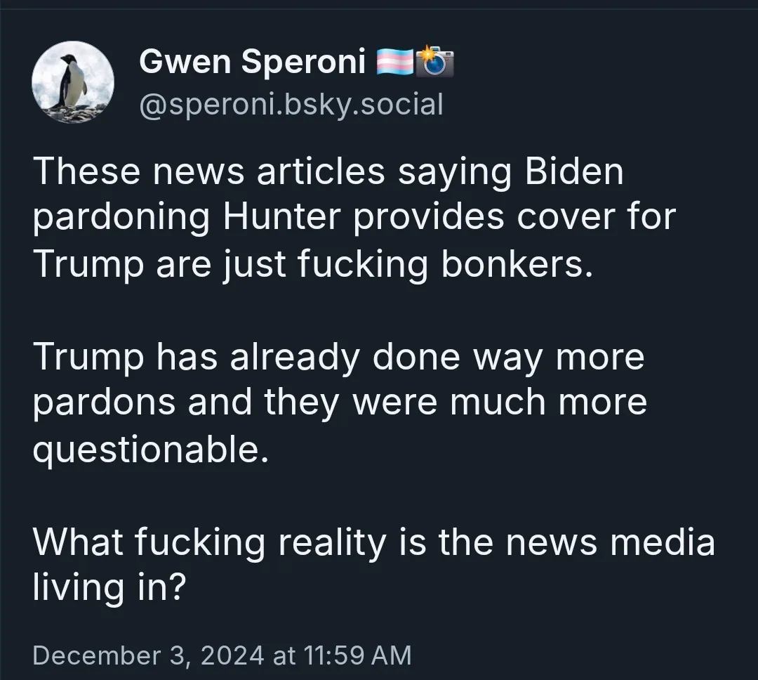 A screenshot of a social media post by Gwen Speroni, featuring white text on a dark background. The post criticizes news…