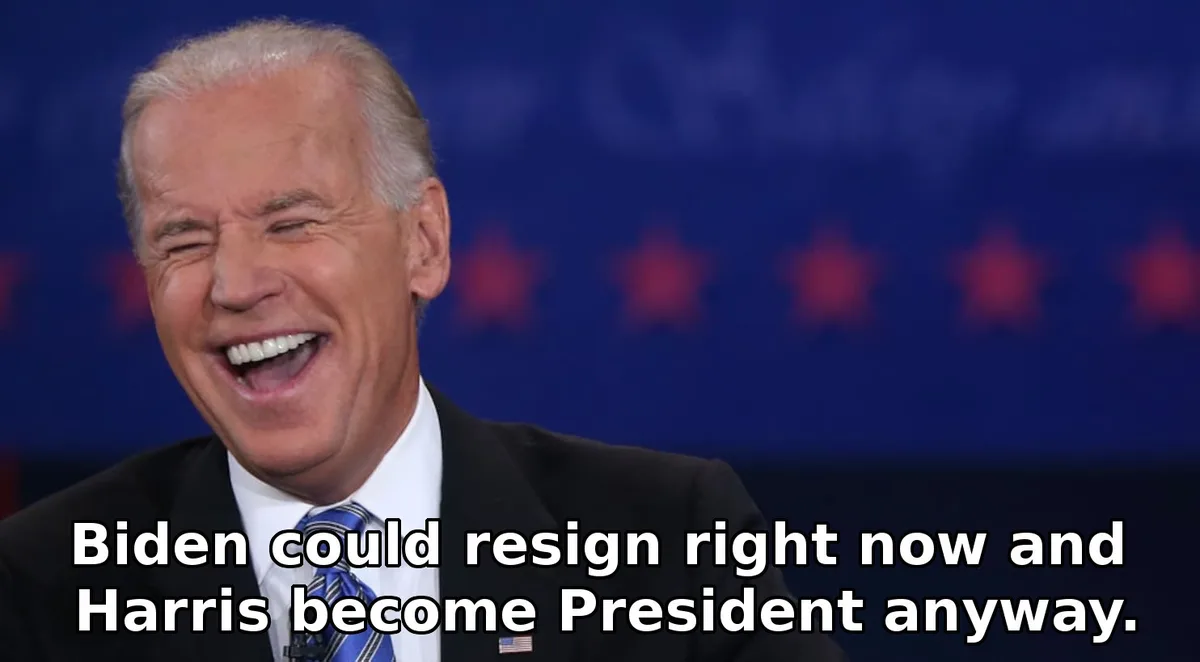 A close-up photo of Joe Biden laughing heartily, wearing a dark suit, white shirt, and blue patterned tie with an American…