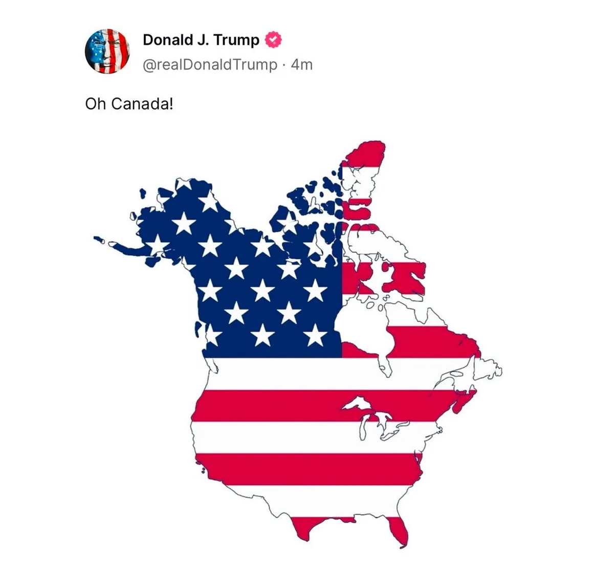 An image mimicking a Twitter post from Donald J. Trump's verified account, showing a map of Canada overlaid with the…
