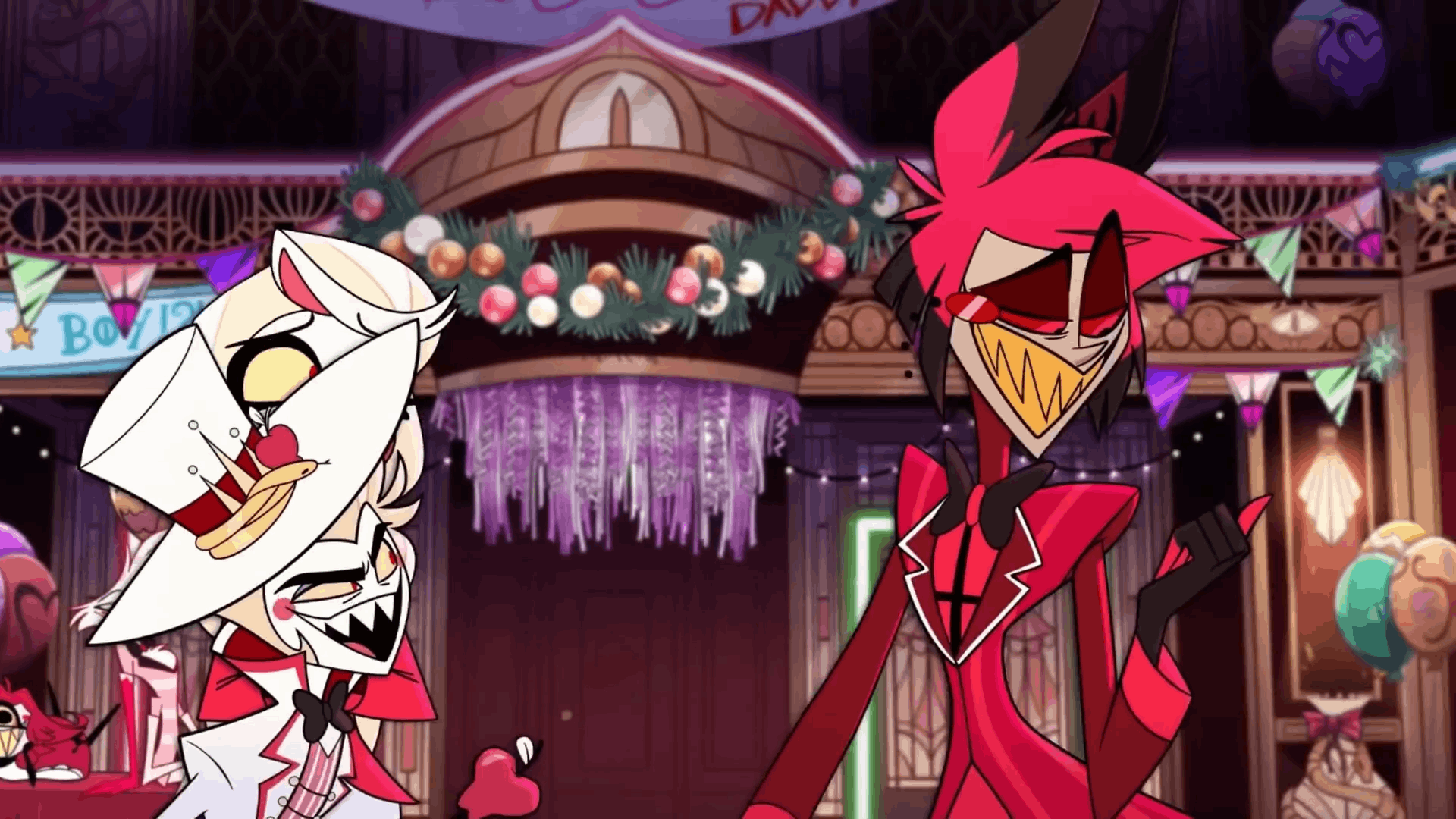 Two animated characters, one in red and one in white, are shown in a festive, dimly lit room with decorations. The red…
