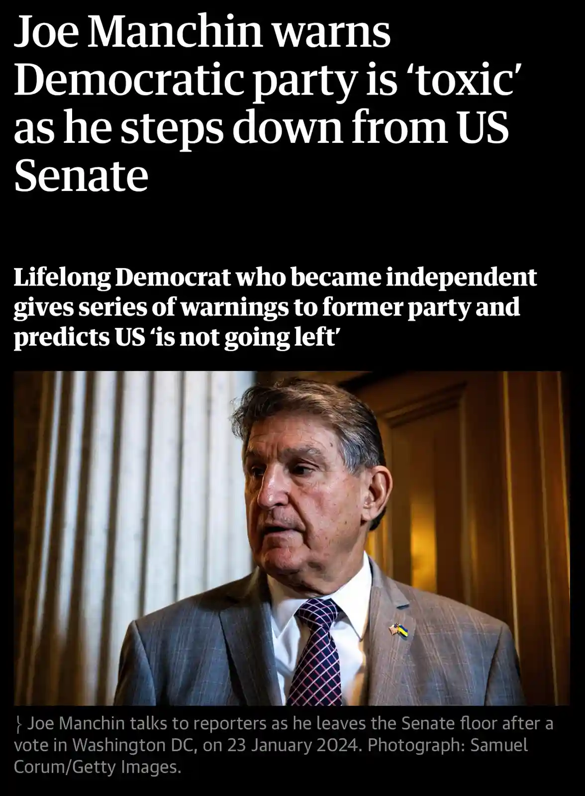 A photo of Joe Manchin, a man in a suit and tie, looking serious while speaking. Overlaid text states he warns the…