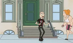 A six-panel comic strip from Rick and Morty shows Rick Sanchez walking calmly past two muscular men who are progressively…