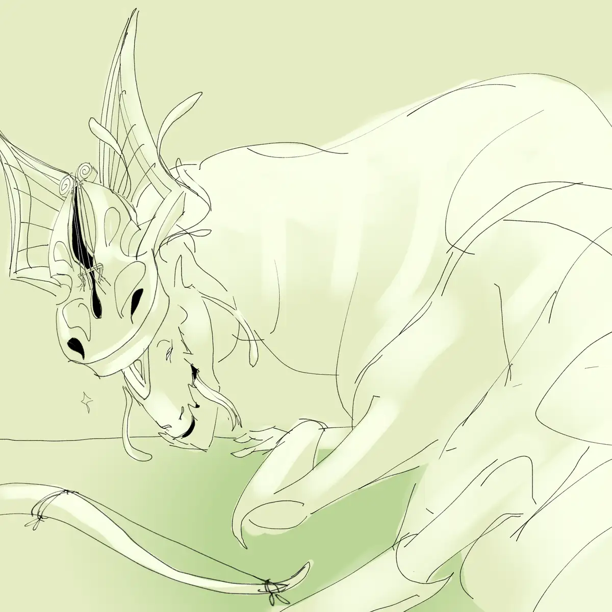 A stylized, light green dragon with large, expressive eyes and a tear streaming down its face is shown in a vulnerable…