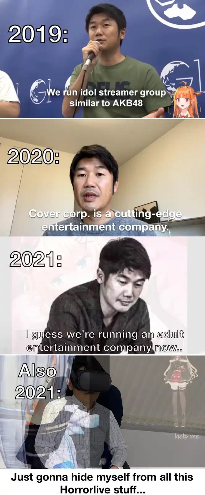 A four-panel meme shows a man in different years (2019-2021) with text overlays describing his company's evolving…