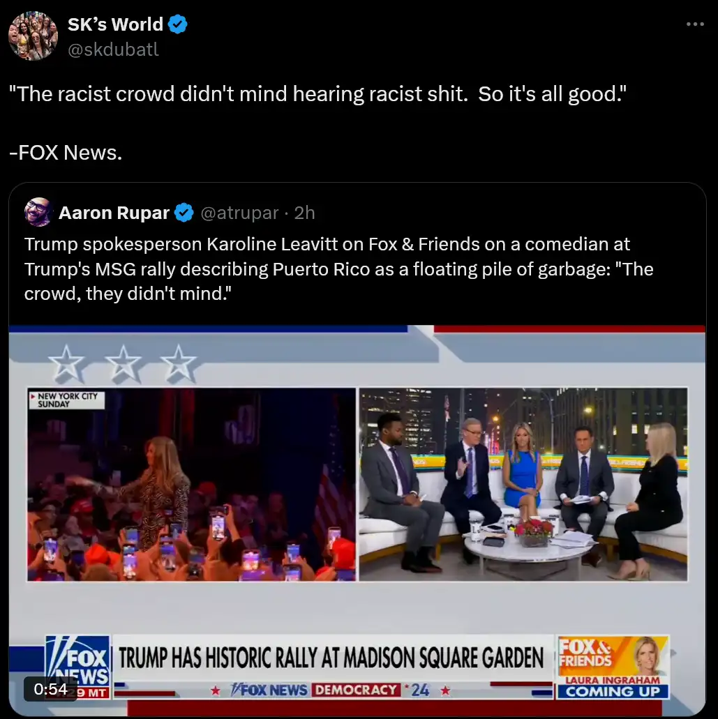 A screenshot of a Fox News broadcast shows a split screen: on the left, a woman speaking to a crowd at a rally, and on the…
