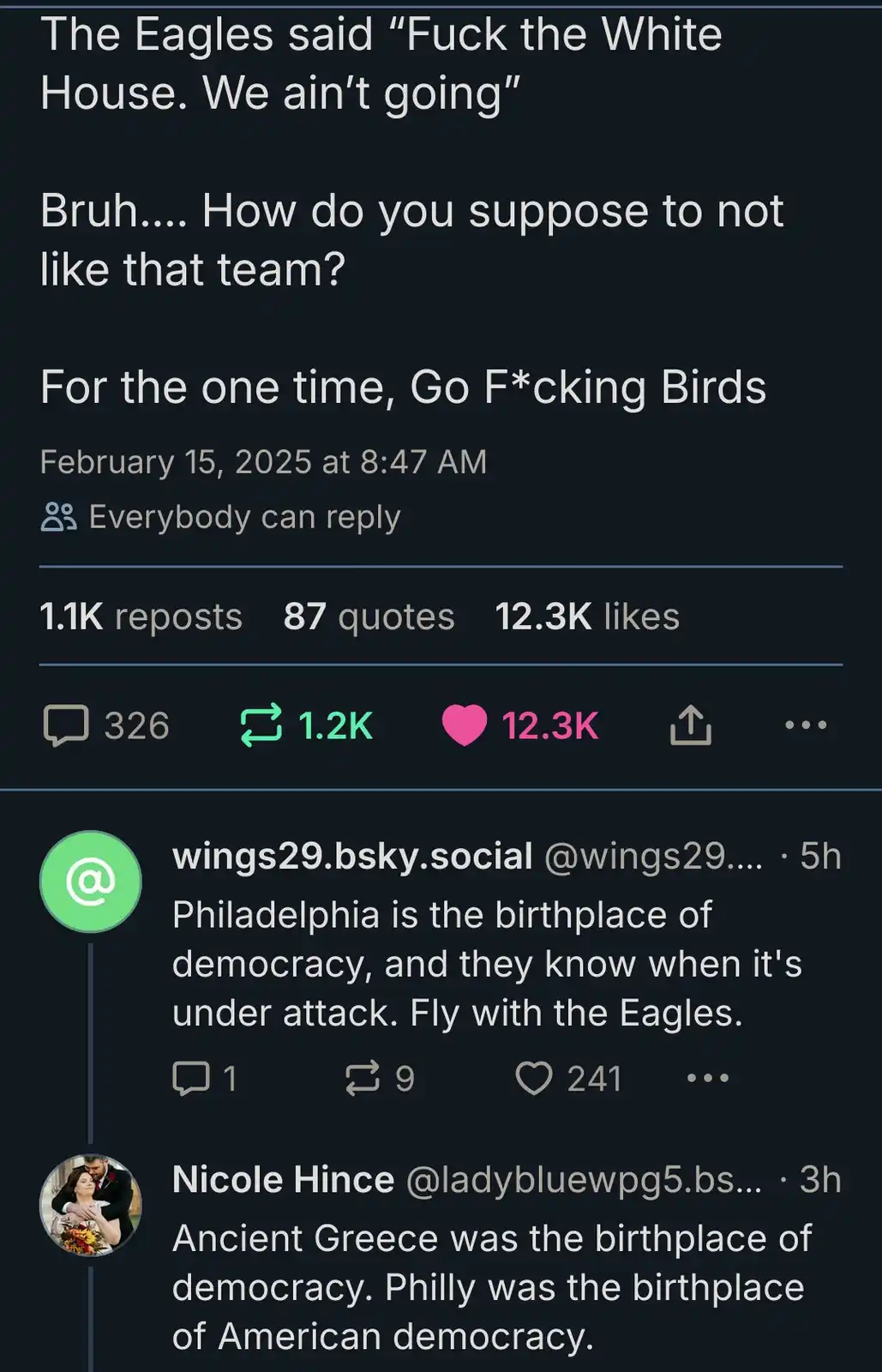 A screenshot of a social media post with a dark background and white text, showing a user's post that reads 'The Eagles said…
