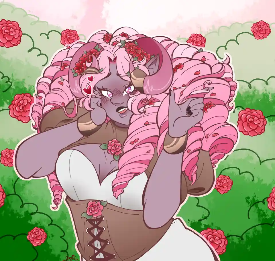 An anime-style illustration of a dark-skinned, horned female character with extremely voluminous pink braided hair adorned…