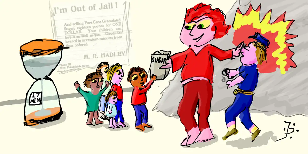 A cartoon drawing shows a large red-haired man in a red outfit handing a bag of sugar to a police officer who is being held…