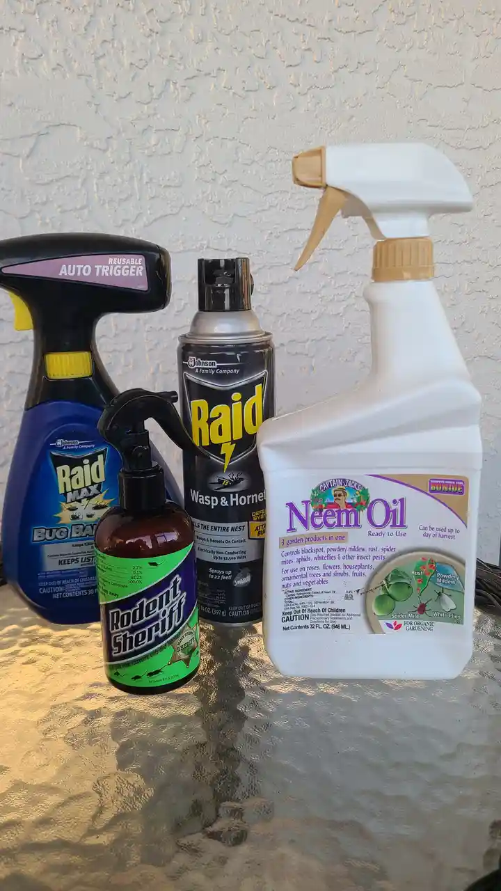 Four pest control products are arranged on a textured surface: a blue Raid Max Bug Bomb, a black Raid Wasp & Hornet aerosol…