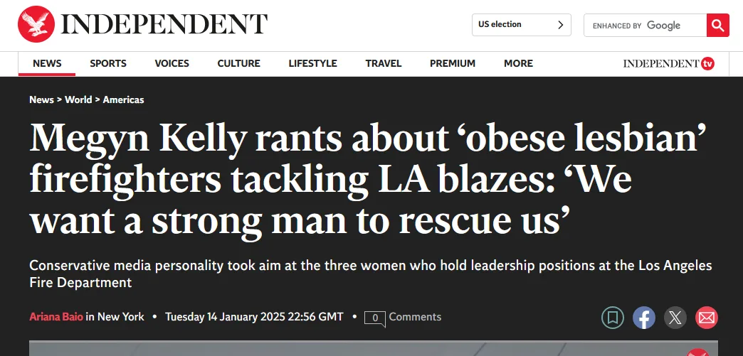 A screenshot of a news article from the Independent website, featuring a headline about Megyn Kelly criticizing female…