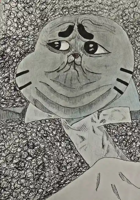 A hand-drawn black-and-white illustration of a cat with a sad, teary-eyed expression, wearing a collared shirt and bowtie…