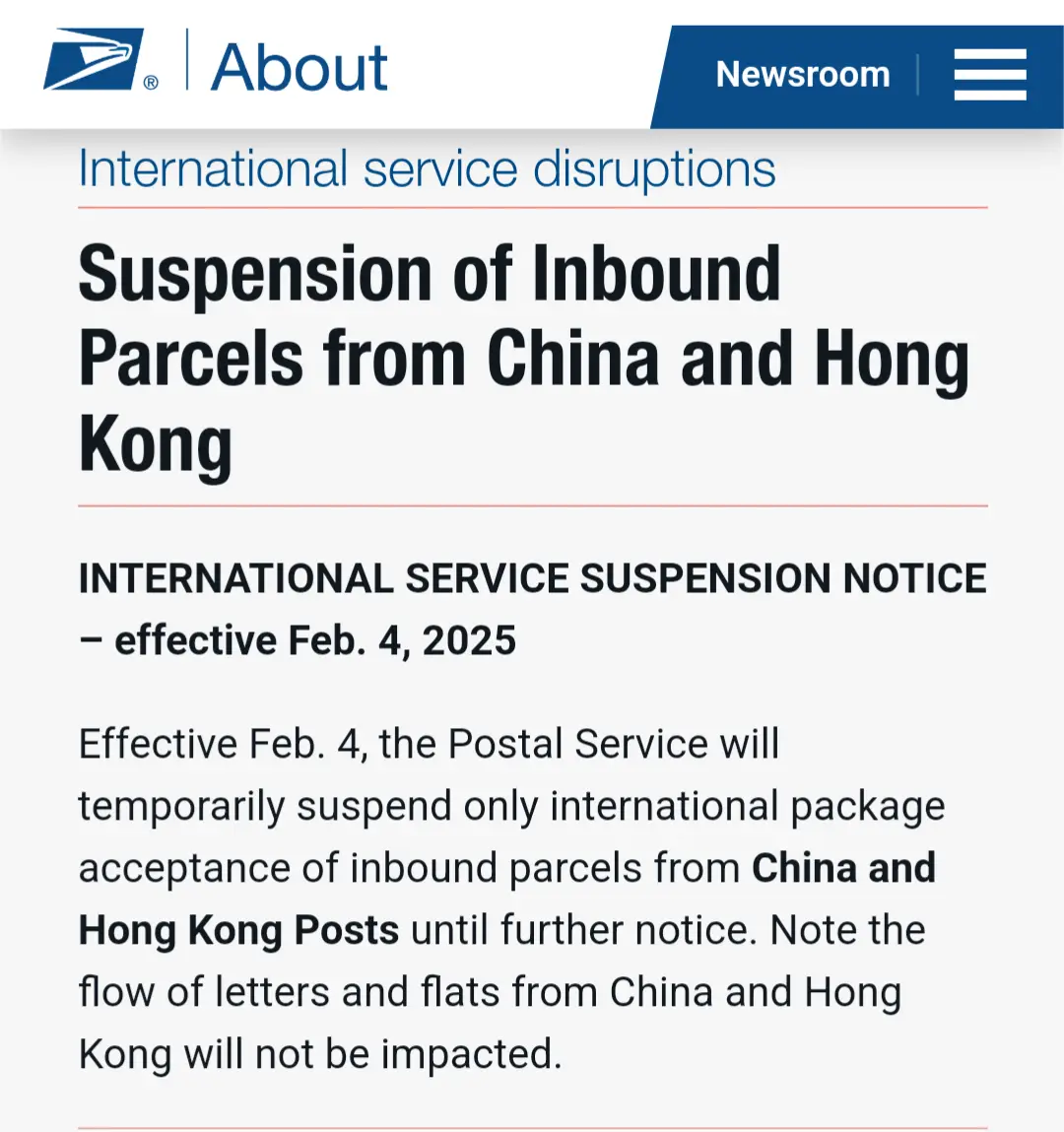 A screenshot of the U.S. Postal Service's official website showing a notice titled 'Suspension of Inbound Parcels from China…