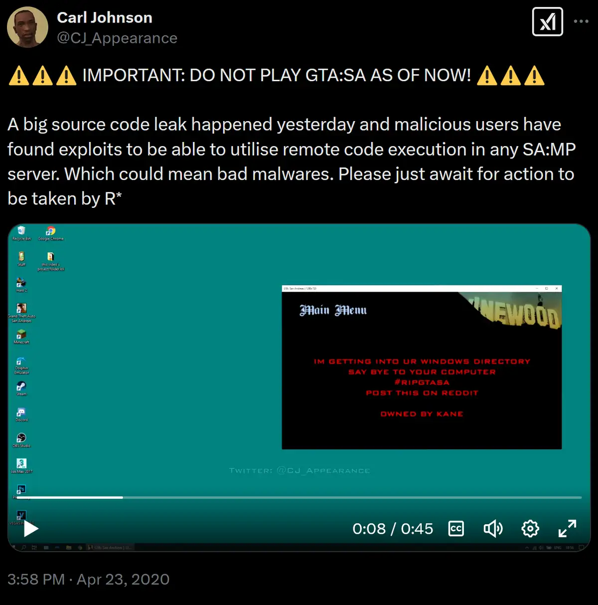 A screenshot of a Twitter post by Carl Johnson (@CJ_Appearance) from April 23, 2020, warns users not to play GTA:SA due to a…