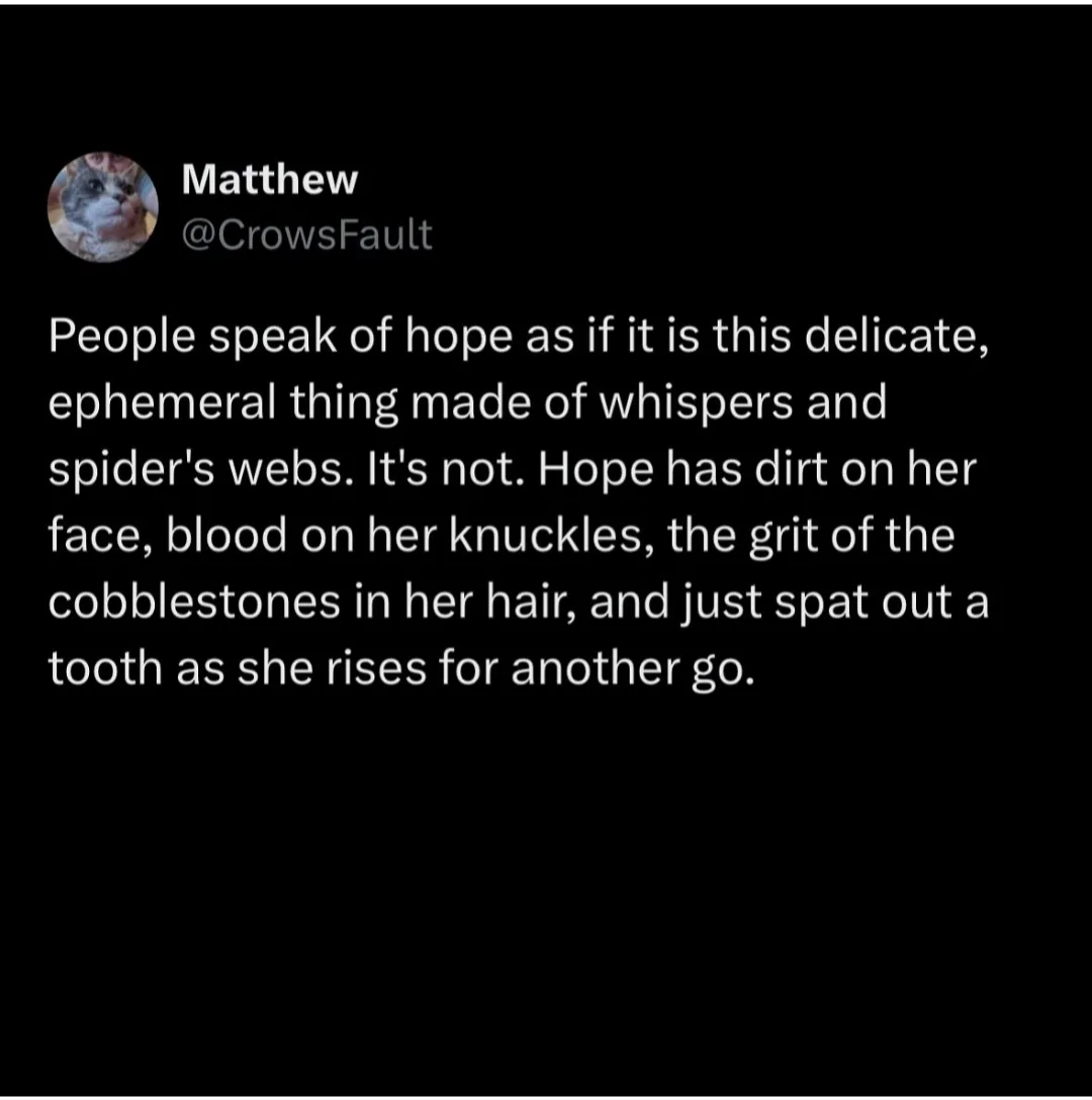 A screenshot of a tweet by Matthew (@CrowsFault) with a black background and white text. The text is a poetic, gritty…