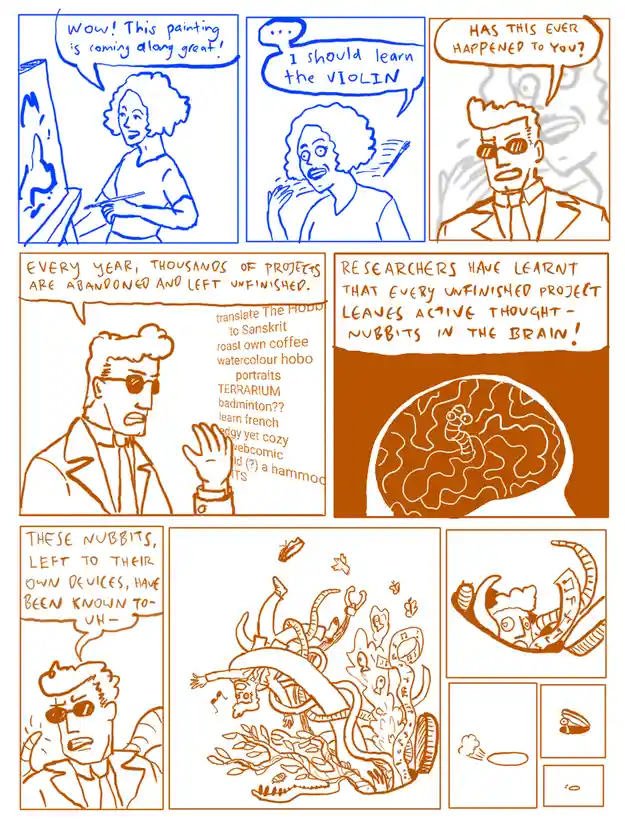 A comic strip depicts a person painting, then suddenly deciding to learn the violin, prompting a scientist to explain that…
