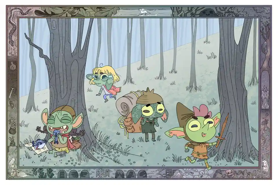 A cartoon illustration shows three green-skinned goblin-like characters in a forest. One is happily eating a fish, another…