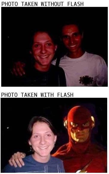 Two photos of the same smiling woman and man in a dark setting. The top photo, labeled 'PHOTO TAKEN WITHOUT FLASH,' shows…