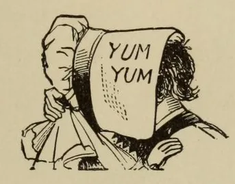 A vintage black-and-white cartoon depicts a person with a large, round head and messy hair, wearing a sack over their head…