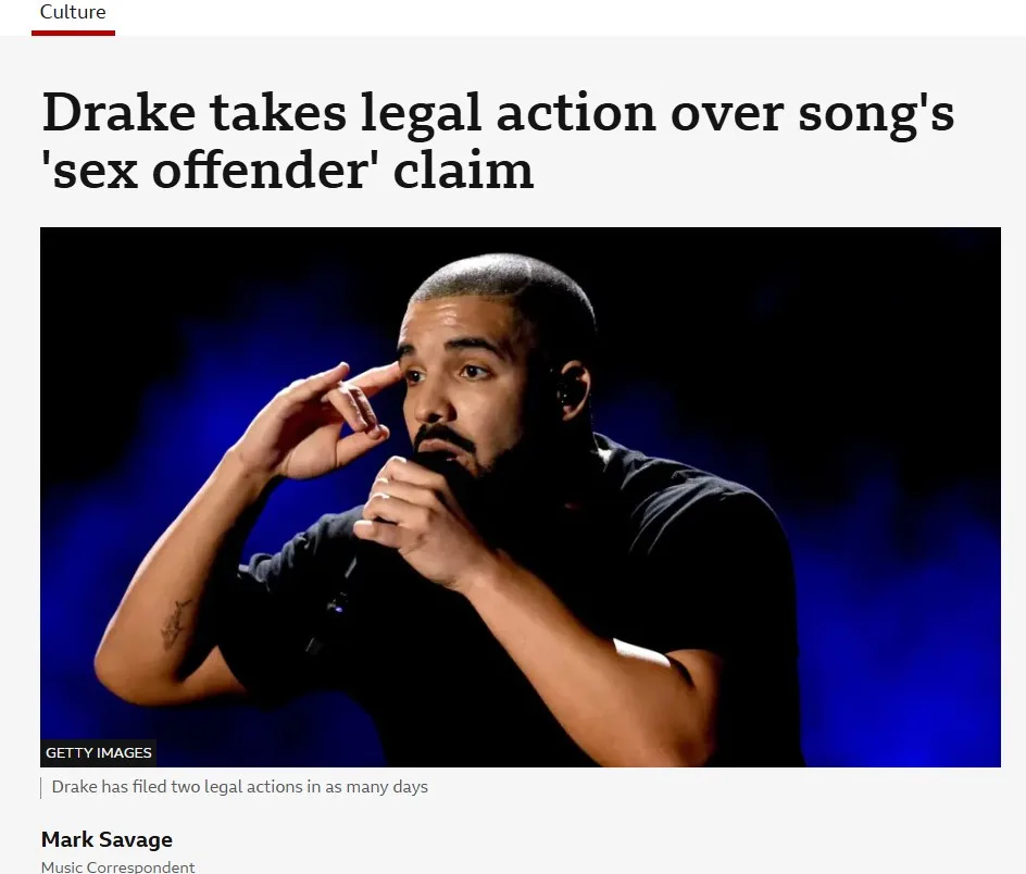 A news article screenshot shows Drake on stage, holding a microphone and gesturing with his other hand near his face. The…