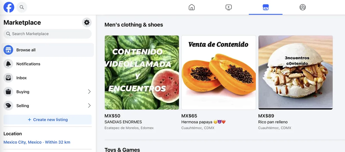 A screenshot of Facebook Marketplace in Mexico City showing three listings: watermelons with overlaid text 'CONTENIDO…