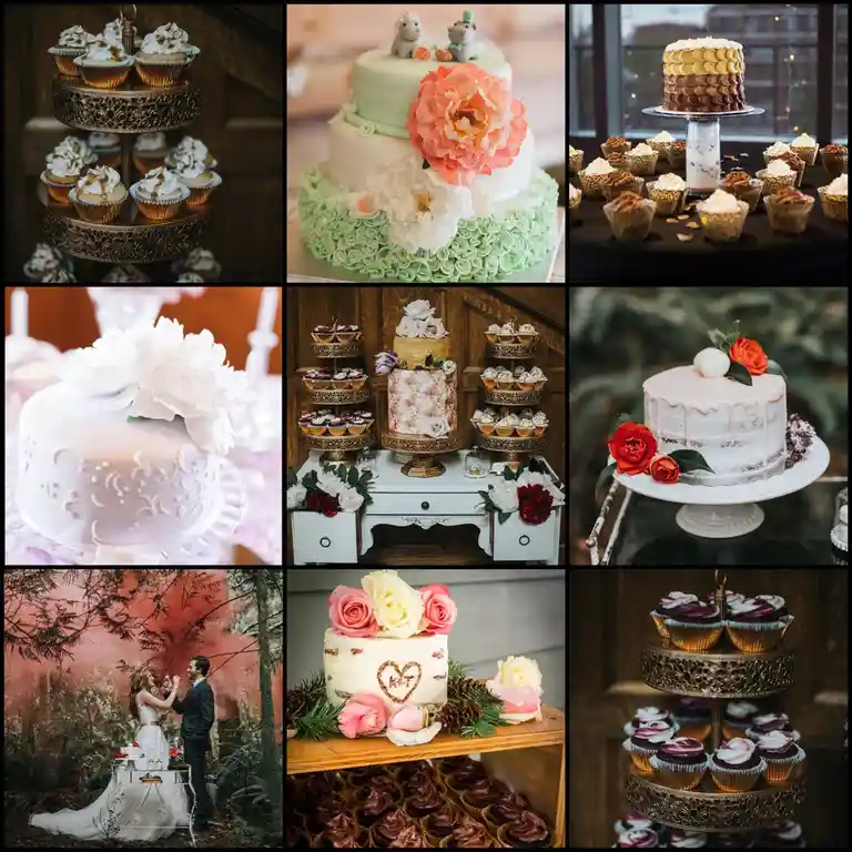 A nine-panel collage showcasing various wedding cakes and cupcakes, featuring ornate tiered stands, floral decorations, and…